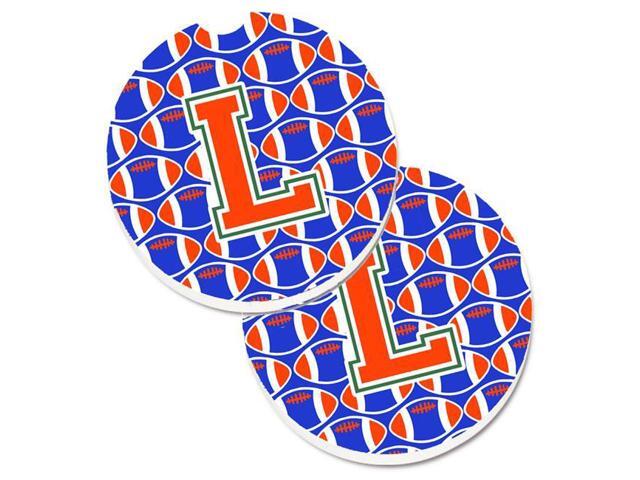 Carolines Treasures CJ1083-LCARC Letter L Football Green with Blue & Orange Set of 2 Cup Holder Car Coaster