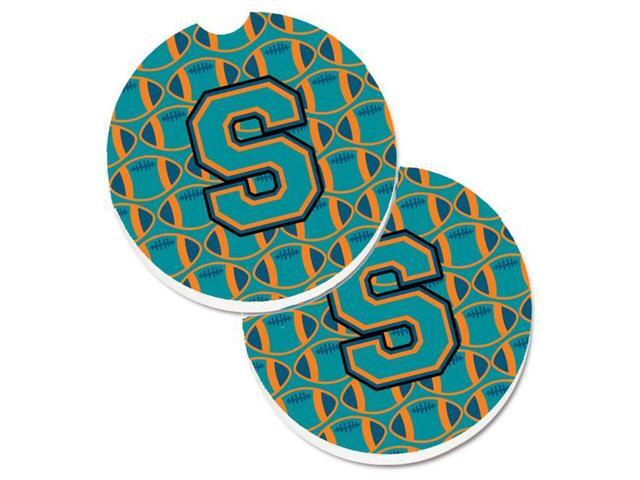 Carolines Treasures CJ1063-SCARC Letter S Football Aqua with Orange & Marine Blue Set of 2 Cup Holder Car Coaster