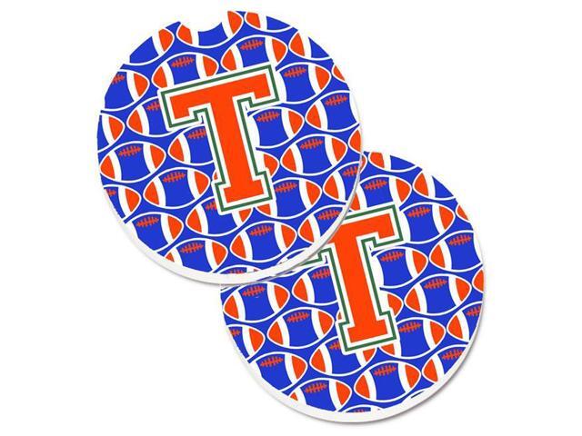 Carolines Treasures CJ1083-TCARC Letter T Football Green with Blue & Orange Set of 2 Cup Holder Car Coaster