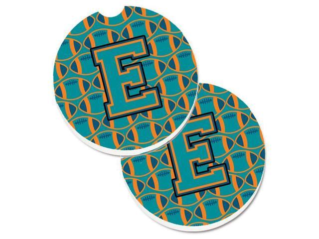 Carolines Treasures CJ1063-ECARC Letter E Football Aqua with Orange & Marine Blue Set of 2 Cup Holder Car Coaster