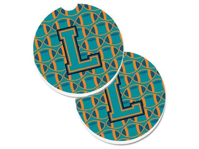 Carolines Treasures CJ1063-LCARC Letter L Football Aqua with Orange & Marine Blue Set of 2 Cup Holder Car Coaster