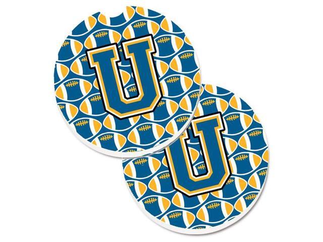 Carolines Treasures CJ1077-UCARC Letter U Football Blue & Gold Set of 2 Cup Holder Car Coaster