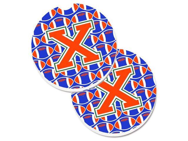 Carolines Treasures CJ1083-XCARC Letter X Football Green with Blue & Orange Set of 2 Cup Holder Car Coaster