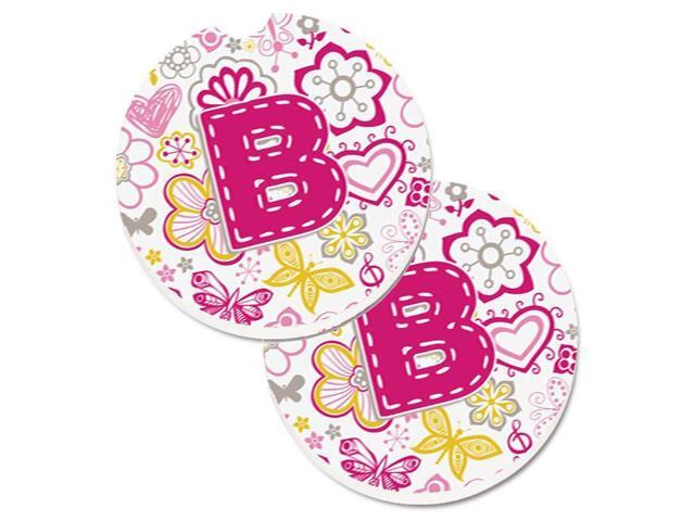 Carolines Treasures CJ2005-BCARC Letter B Flowers & Butterflies Pink Set of 2 Cup Holder Car Coaster