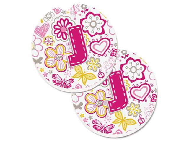 Carolines Treasures CJ2005-JCARC Letter J Flowers & Butterflies Pink Set of 2 Cup Holder Car Coaster