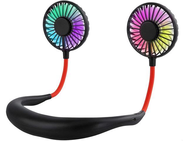 Portable USB Personal Neck Fan - Hand Free Mini LED Cooling Fan Headphone Design Battery-Operated Fan Rainbow and White Light 3 Speeds Quiet
