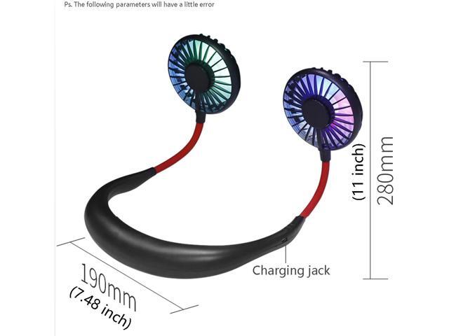 YISSN Hands Free Neck Fan Portable Mini USB Battery Personal Fan with 3 Speed 360° Free Rotation 7 Colors of LED Light for Traveling Outdoor