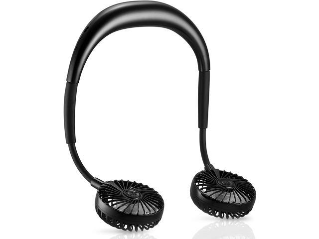 Portable Hanging Neck Sports Fan - Hands Free USB Rechargeable Personal Wearable Neckband Fan Battery Operated with 3 Level Air Flow Headphone
