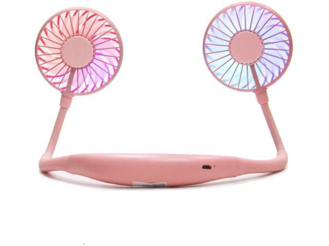 Portable Fan USB Rechargeable with Dual Wind Head Fan Hand Free Wearable Neckband Fan for Camping Traveling Office Room Kids Stroller (PINK01)