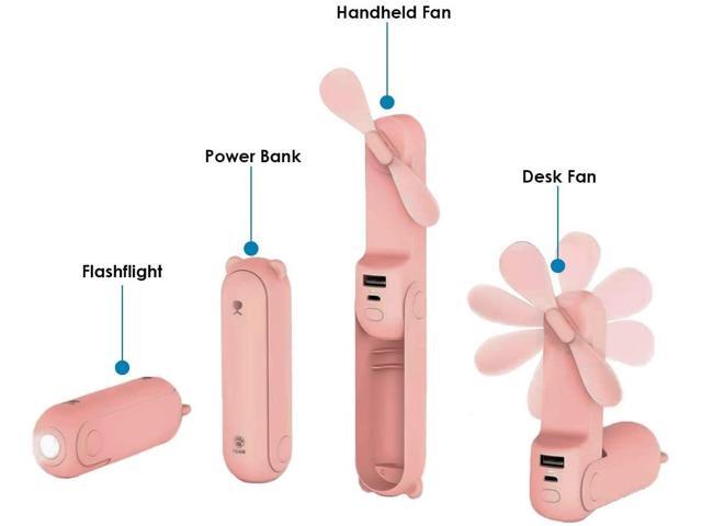 3 in 1 Rechargeable USB Handheld Fan 2000 mAh Power Bank LED Flashlight Mini Personal Fan with 14-22 Working Hours 2 Speeds Option Quiet