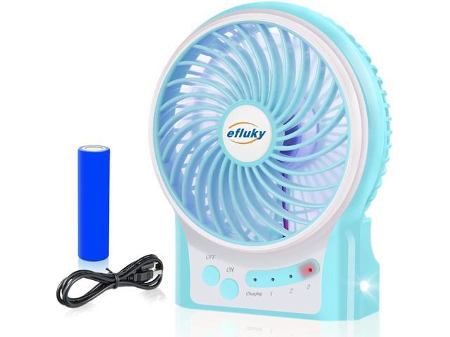 efluky 3 Speeds Mini Desk Fan Rechargeable Battery Operated Fan with LED Light and 2200mAh Battery Portable USB Fan Quiet for Home Office