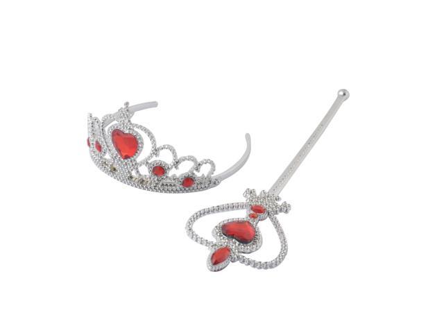 Unique Bargains Set Princess Tiara Crown Hair Band Fairy Wand Party Accessory Red Silver Tone