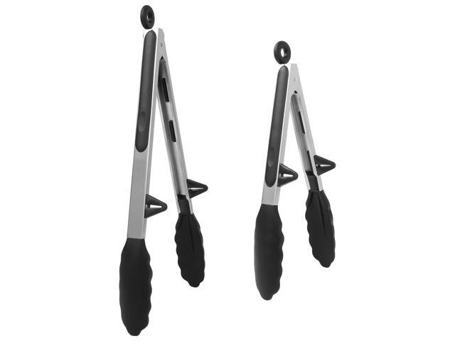 Kitchen Tong Set for Cooking Silicone Stainless Steel Tongs with Stands Toaster Serving BBQ Non-stick Locking Tong 2Pcs Black