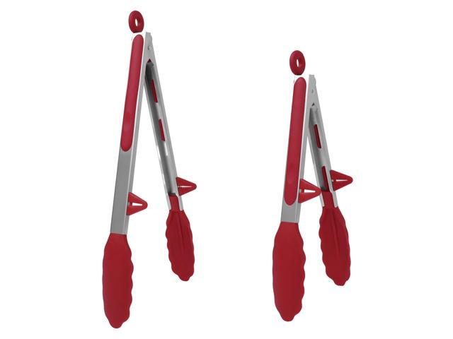 Kitchen Tong Set for Cooking Silicone Stainless Steel Tongs with Stands Toaster Serving BBQ Non-stick Locking Tong 2Pcs Burgundy