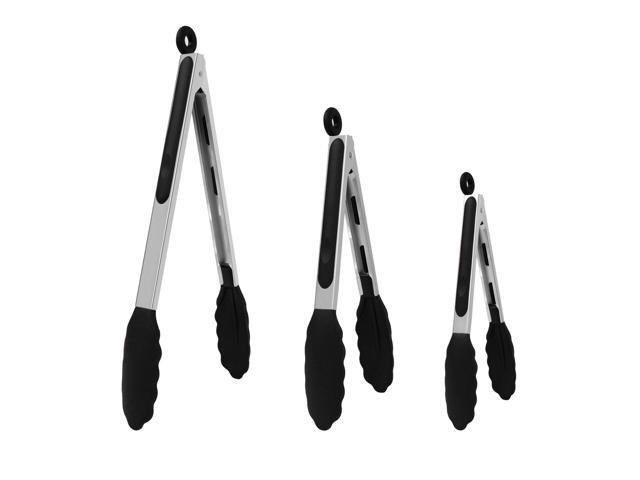 Kitchen Tongs for Cooking with Silicone Tip Stainless Steel Tongs Set Toaster Serving BBQ Non-stick Locking Tong Set of 3 - 7' & 9' & 12' Black