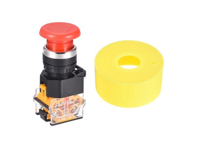 22mm Mounting Latching Emergency Stop Push Button Switch with 65mm Yellow Warning Circle 1NO 1NC