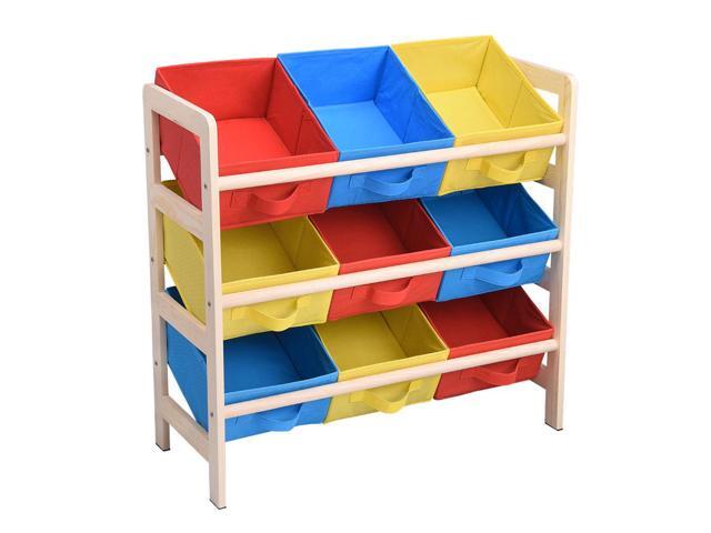 Kids Toy Storage Shelf with 9 Removable Bins for Playroom Drawing Room Wood Frame Organizer