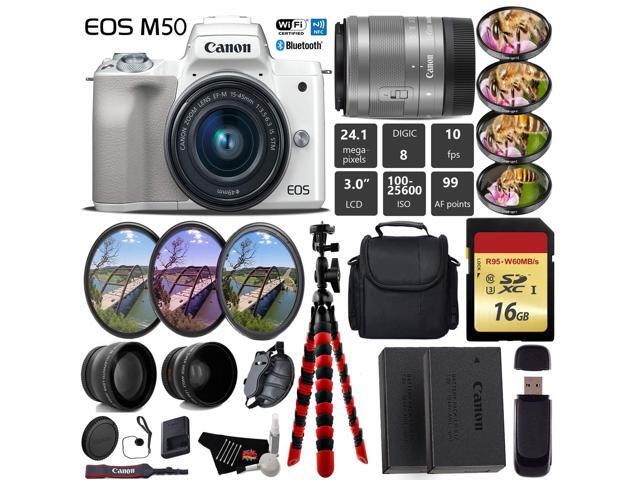 Canon EOS M50 Mirrorless Digital Camera (White) with 15-45mm Lens + UV FLD CPL Filter Kit + 4 PC Macro Kit + Wide Angle & Telephoto Lens + Camera