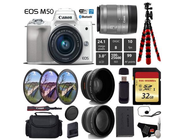 Canon EOS M50 Mirrorless Digital Camera (White) with 15-45mm Lens + UV FLD CPL Filter Kit + Wide Angle & Telephoto Lens + Camera Case + Tripod +