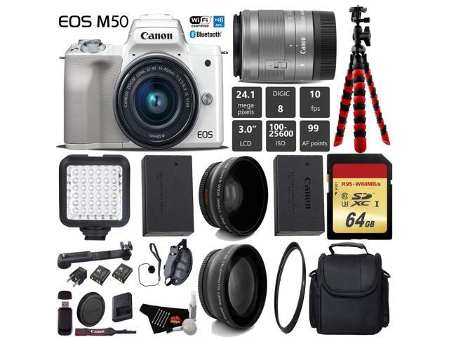 Canon EOS M50 Mirrorless Digital Camera (White) with 15-45mm Lens + LED + UV FLD CPL Filter Kit + Wide Angle & Telephoto Lens + Camera Case +