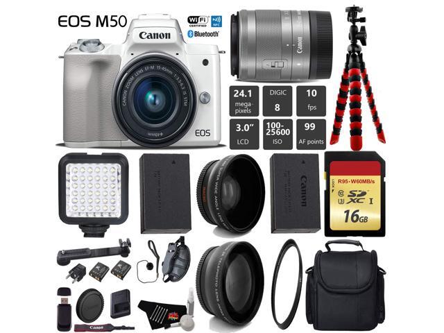 Canon EOS M50 Mirrorless Digital Camera (White) with 15-45mm Lens + LED + UV FLD CPL Filter Kit + Wide Angle & Telephoto Lens + Camera Case +