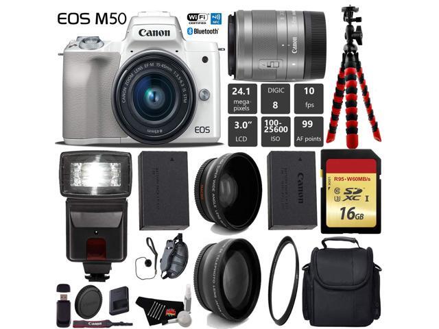 Canon EOS M50 Mirrorless Digital Camera (White) with 15-45mm Lens + Flash + UV FLD CPL Filter Kit + Wide Angle & Telephoto Lens + Camera Case +
