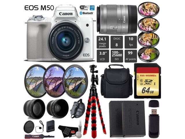 Canon EOS M50 Mirrorless Digital Camera (White) with 15-45mm Lens + UV FLD CPL Filter Kit + 4 PC Macro Kit + Wide Angle & Telephoto Lens + Camera