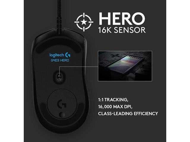 Logitech G403 Hero 16K Gaming Mouse Lightsync RGB Lightweight 87G+10G Optional Braided Cable 16 000 DPI Rubber Side Grips