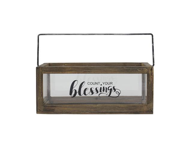 Stonebriar Count Your Blessings Rustic Rectangular Wood and Glass Tray Rail Candle Holder with Sentiment Saying Brown