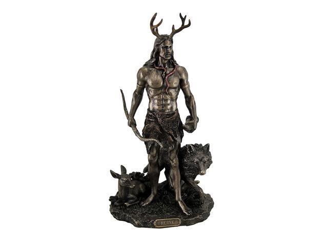 Resin Statues Herne The Spirit Hunter Of Windsor Forest Standing With Deer And Wolf 6 X 115 X 6 Inches Bronze
