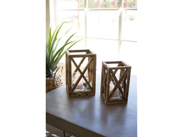 Kalalou Set of Two Recycled Wooden Lanterns with Glass