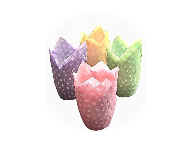 The Baker Celebrations 100 Polka Dots Tulip Paper Cups 2 x 3 1/4 inch Muffin Liners; Cupcake Holders - Made in Canada - Purple Yellow Green and