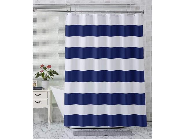 AmazerBath Fabric Shower Curtain Navy Stripe Polyester Fabric Shower Curtains with 2 Heavy Duty Clear Stones Decorative Curtains for Bathroom
