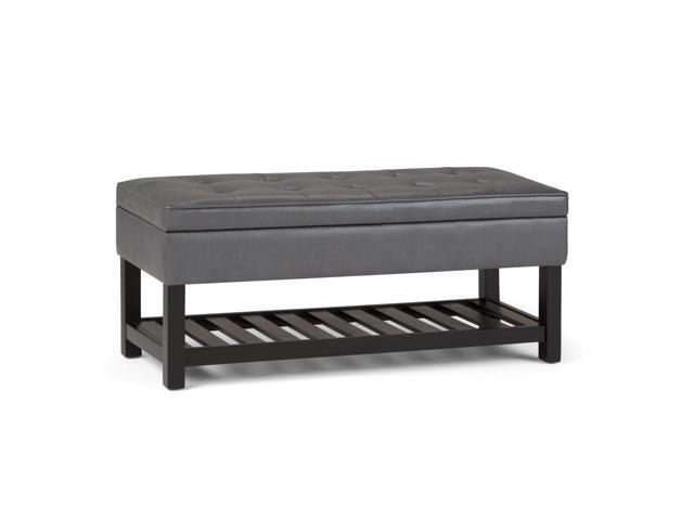 Cosmopolitan 44 inch Wide Traditional Rectangle Storage Ottoman Bench with Open Bottom in Stone Grey Faux Leather
