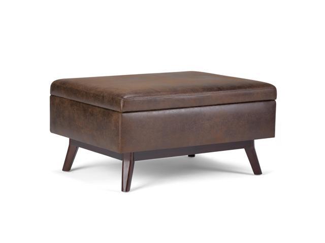 Owen 34 inch Wide Mid Century Modern Rectangle Coffee Table Storage Ottoman in Distressed Chestnut Brown Faux Air Leather