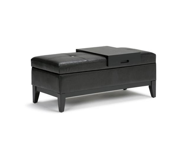 Oregon 42 inch Wide Transitional Rectangle Storage Ottoman Bench with Tray in Midnight Black Faux Leather