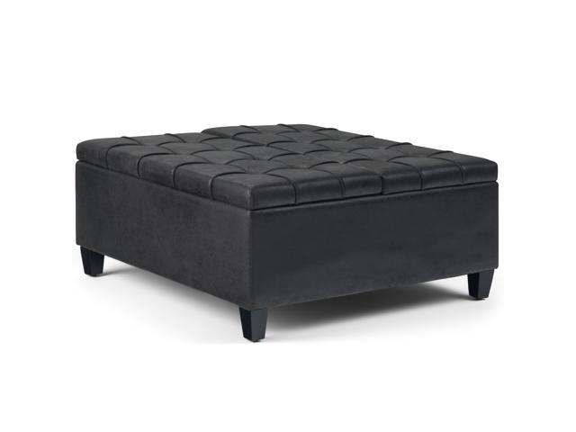 Harrison 36 inch Wide Traditional Square Coffee Table Storage Ottoman in Distressed Black Faux Air Leather