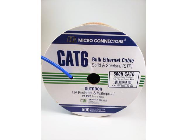 Micro Connectors (TR4-560BLOU-500) 500FT Solid Shielded (STP) CAT6 Outdoor UV Resistant Bulk Ethernet Cable - Blue
