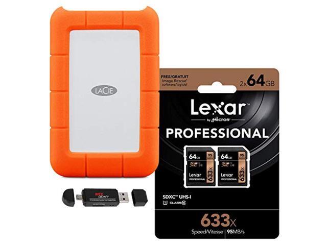 lacie rugged 2tb usb-c external hard drive with 2 lexar professional 633x sdhc memory cards