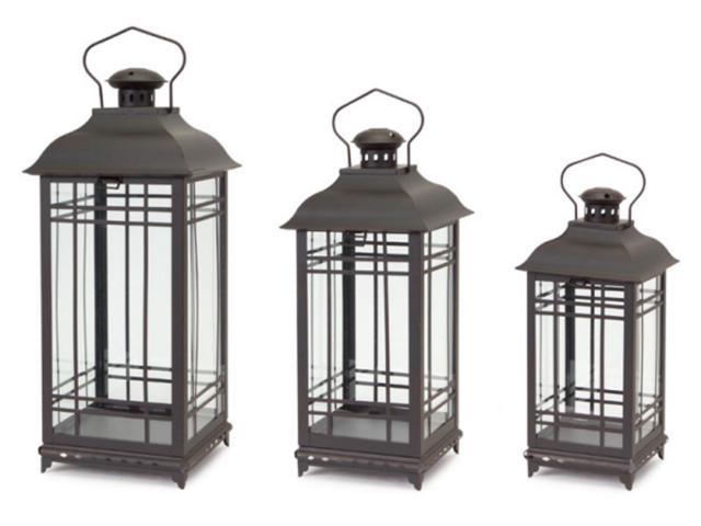Set of 3 Rustic Coffee Black Glass Pillar Candle Lanterns With Handles - 22'