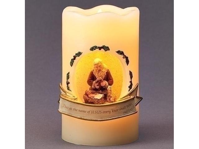 5' Yellow Battery Operated LED Lighted Nativity Scene with Santa Pillar Candle
