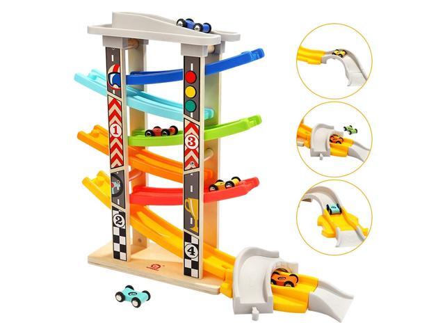 TOP BRIGHT Toddler Toys for 1 2 3 Year Old Boy Gifts Car Track with Car Ramps 6 Wood Race Car 1 Parking Garage & Extra Bridge