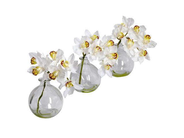 Nearly Natural 4797 Cymbidium with Vase Silk Flower Arrangement White Set of 3