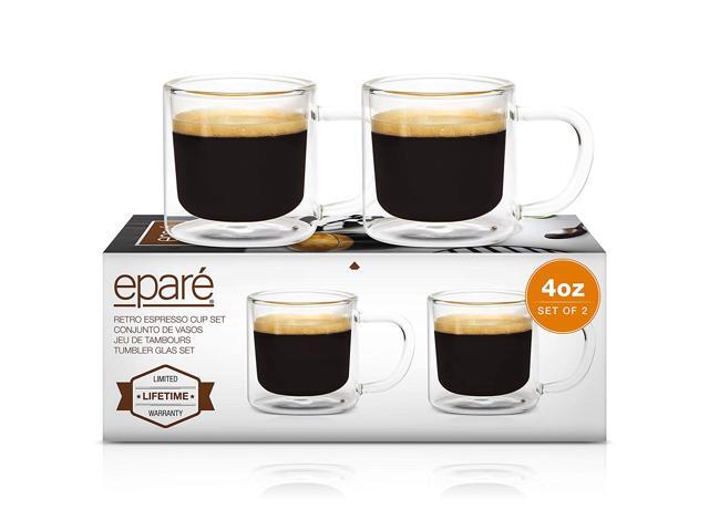 Eparé Retro Espresso Cups - Set of 2 Clear Mugs - 4oz Double Walled Demitasse - Lungo Cappuccino Macciato Shot Glasses
