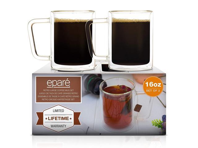 Eparé Retro Large Coffee Mugs - 16 oz Set Of 2 - Double Walled Insulated Glasses - Clear Latte & Tea Glassware