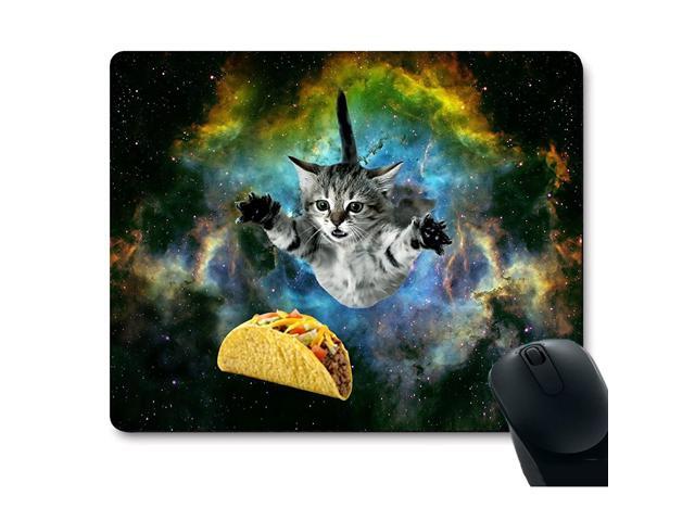 Curious Cat Flying Through Space Reaching for a Taco in Galaxy Space Hilarious Mouse Pad