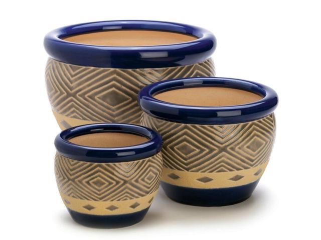 Set of 3 Blue w/ Tan Ceramic Planters Garden Flower Planter Pots Home Decor