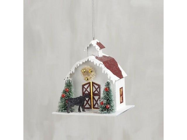 Lighted Christmas Farmhouse Barn~Bottle Brush Bristle Trees~Cow Ornament~Vintage