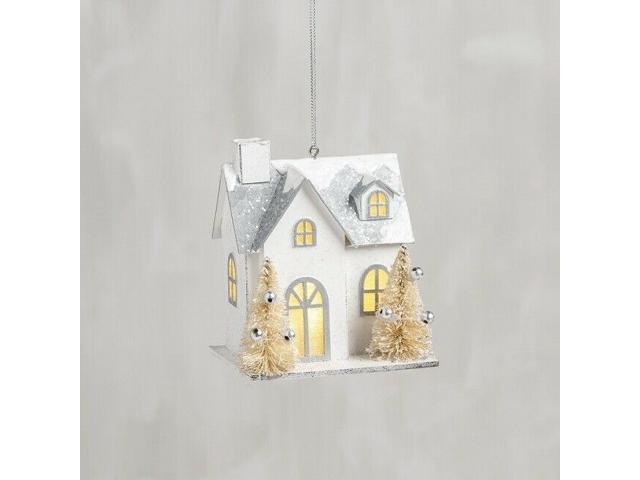 Lighted Christmas Snowy White House~Bottle Brush Bristle Trees Ornament~Vintage