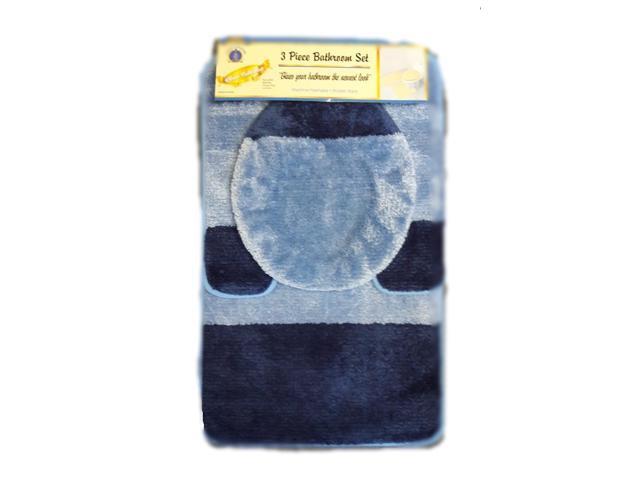 High Pile 3 Piece Bathroom Set Bath Mat Contour Rug & Lid Cover Light Blue Navy